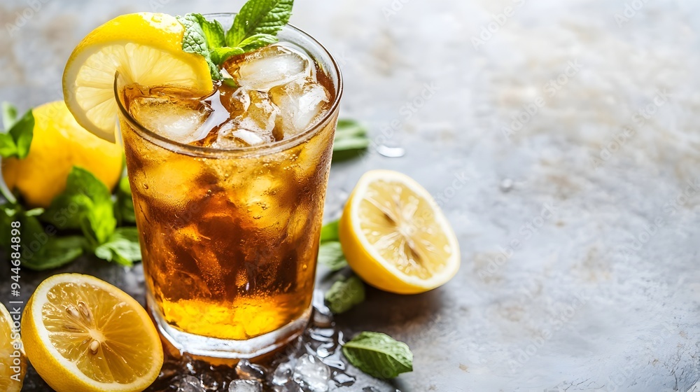 Poster refreshing glass of freshly brewed iced tea with a slice of lemon set on a tabletop with copy space 