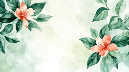 Watercolor illustration of leaves and a flower on a light background