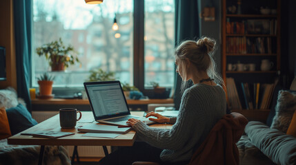 remote work, home office setup, laptop open, cozy living room, coffee mug