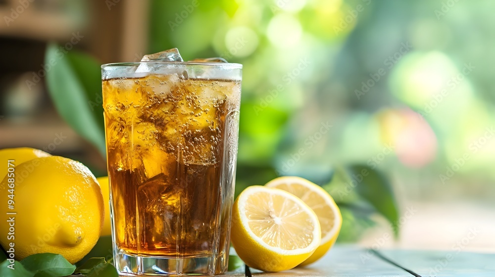 Poster refreshing glass of iced tea with a fresh lemon slice set on a minimalist contemporary tabletop surf