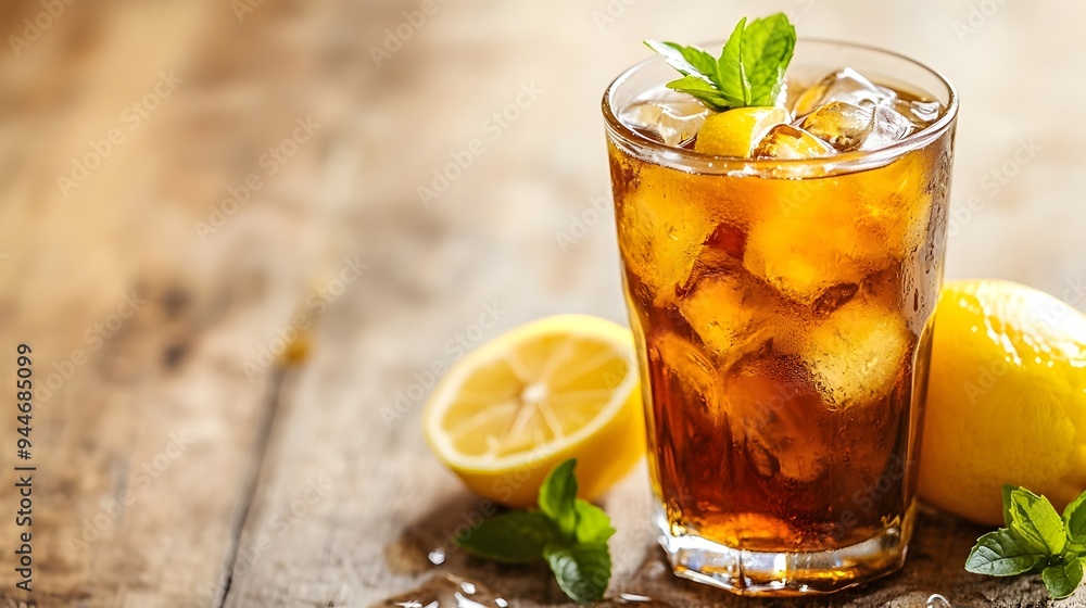 Poster a glass filled with refreshing iced tea garnished with a fresh lemon slice creating a classic summer