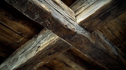 Rustic Timber Beams with Deep Earthy Colors, Emphasizing the Natural Beauty of Wood, A Close-Up View of Aged, Weathered Wood Beams with Rich, Natural Colors, Showing the Texture and Character of the