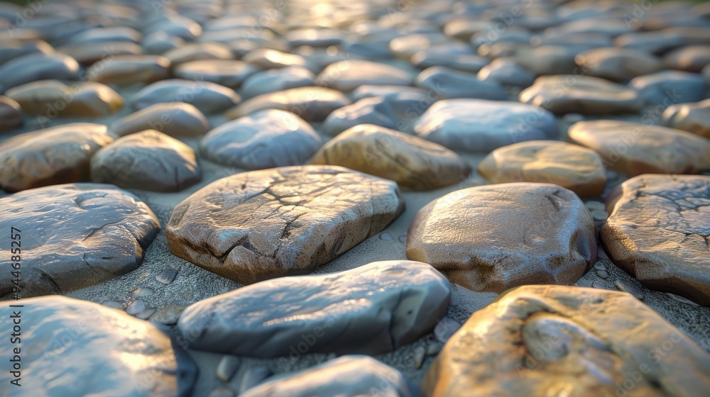 Aufkleber closeup of a cobblestone path with a soft, golden light filtering through.