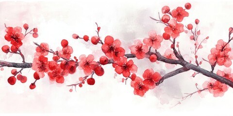 Watercolor illustration of branches adorned with red flowers and fruit Close up view of blossoming flowers with a soft focus effect