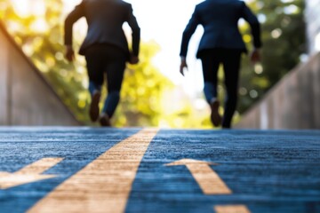 Two businessmen in suits walking forward on a sunlit pathway, symbolizing progress and determination in a professional setting.