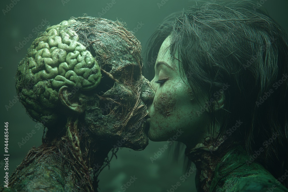 Poster surreal digital rendering of two human profiles with decaying brain matter symbolizing mental deteri