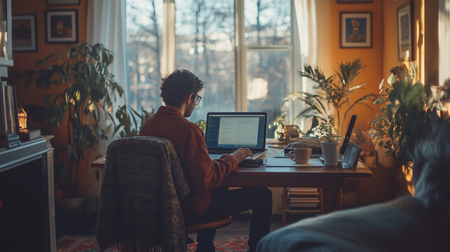 remote work, home office setup, laptop open, cozy living room, coffee mug