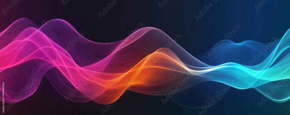 Poster a vibrant, abstract wave of colorful light flowing gracefully across a dark background, creating a d