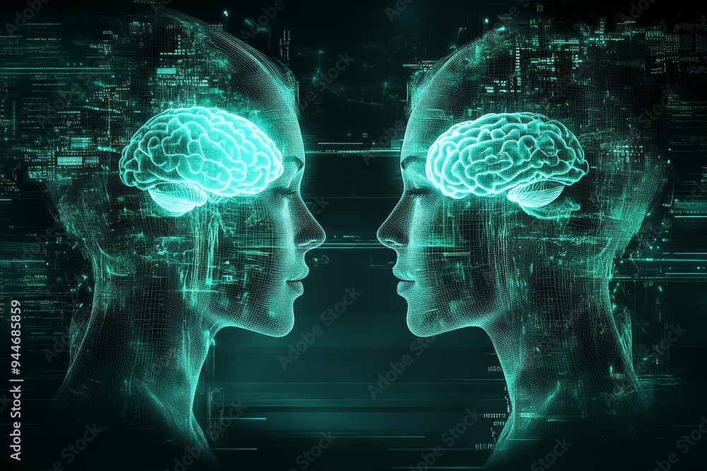 Poster futuristic digital illustration of two human profiles with glowing neural connections symbolizing th