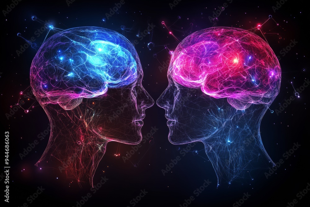 Poster digital art of two human profiles with brains made of puzzle pieces symbolizing the complexity of hu
