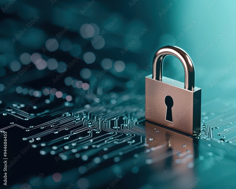 Poster a digital padlock symbolizing cybersecurity on a circuit board. perfect for themes of protection and