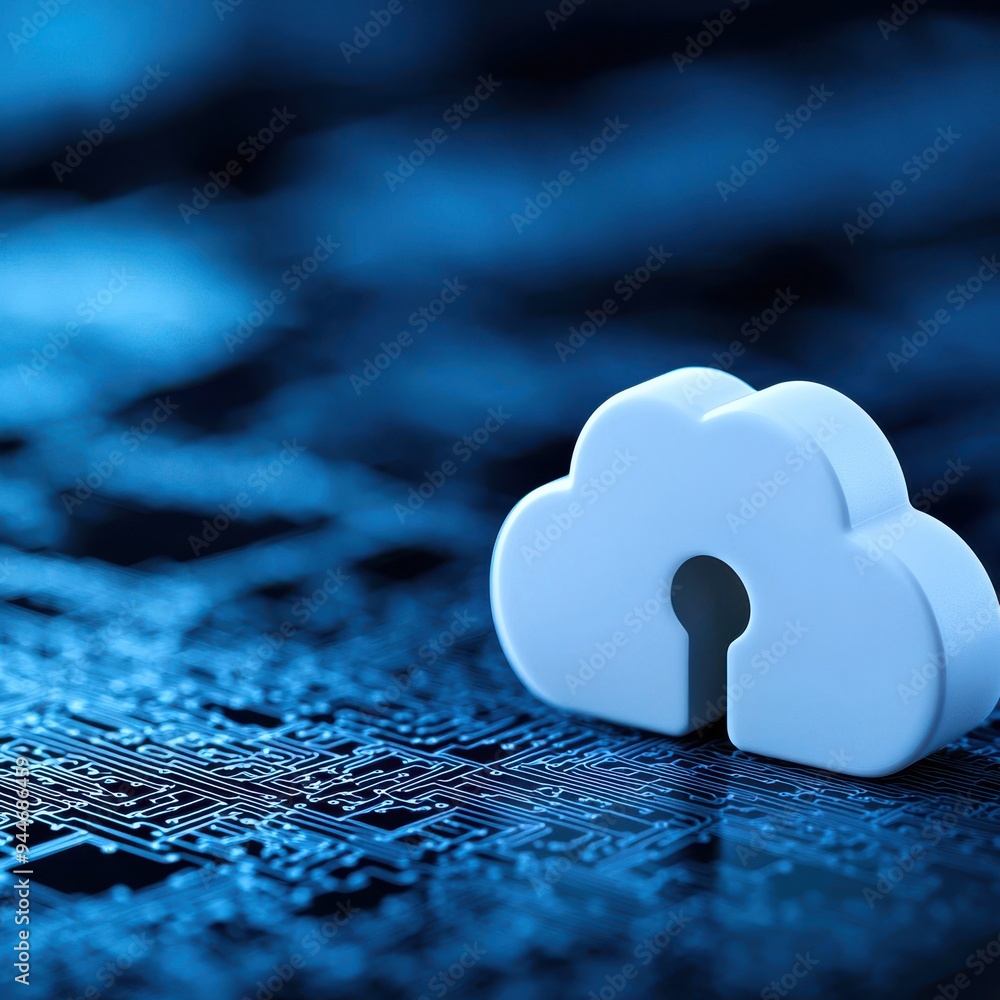 Poster a conceptual image of cloud security with a locked cloud symbol on a digital background, representin
