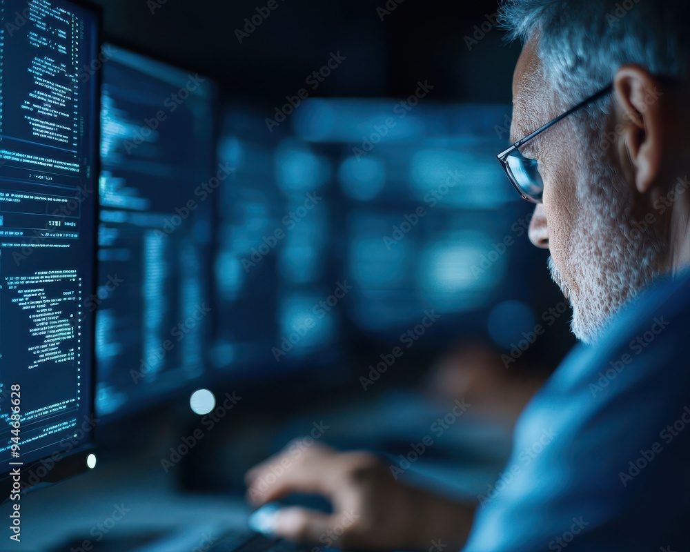 Poster a focused professional analyzes data on multiple monitors, showcasing technology and expertise in a 