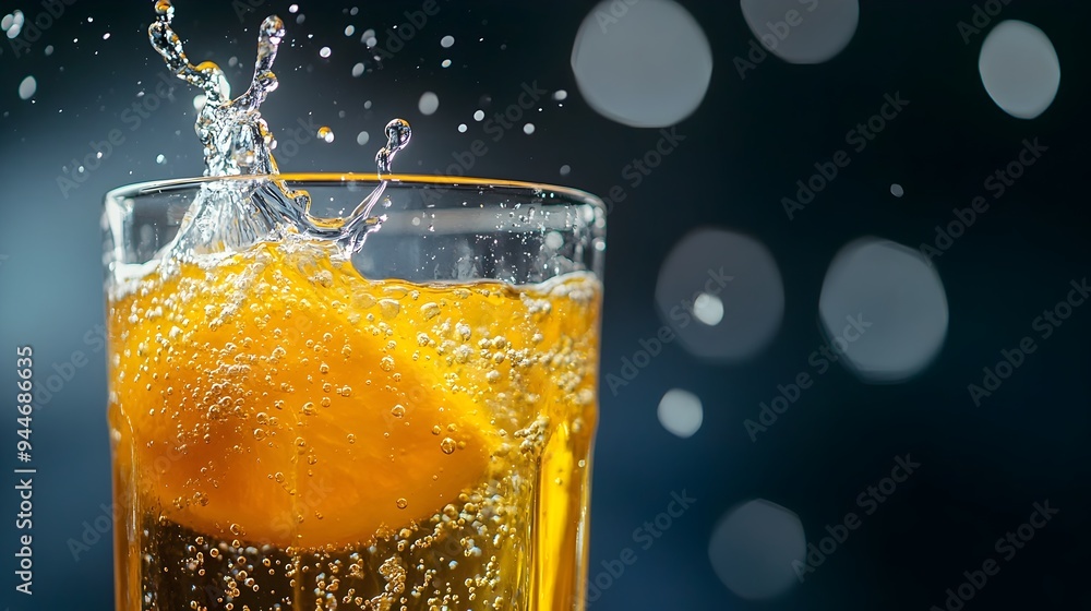Poster a contemporary and minimalist image showcasing a glass filled with sparkling water and a splash of v