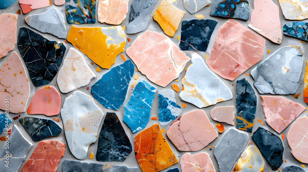 Aufkleber close-up of a colorful and textured mosaic tile wall, with an abstract pattern of different shapes a