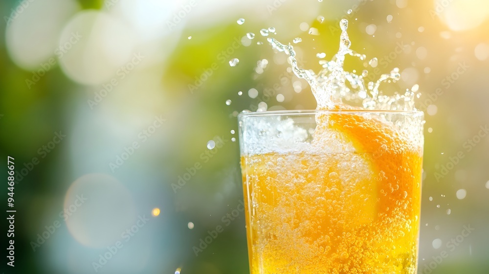 Poster refreshing glass of sparkling water with a splash of natural orange juice placed on a minimalist tab