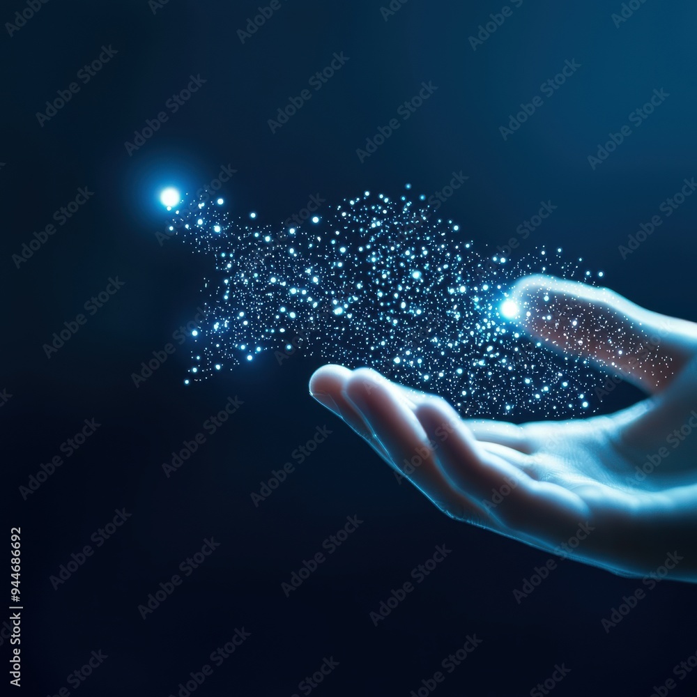 Poster a hand extending into the ethereal, releasing shimmering particles of light in a mystical and enchan