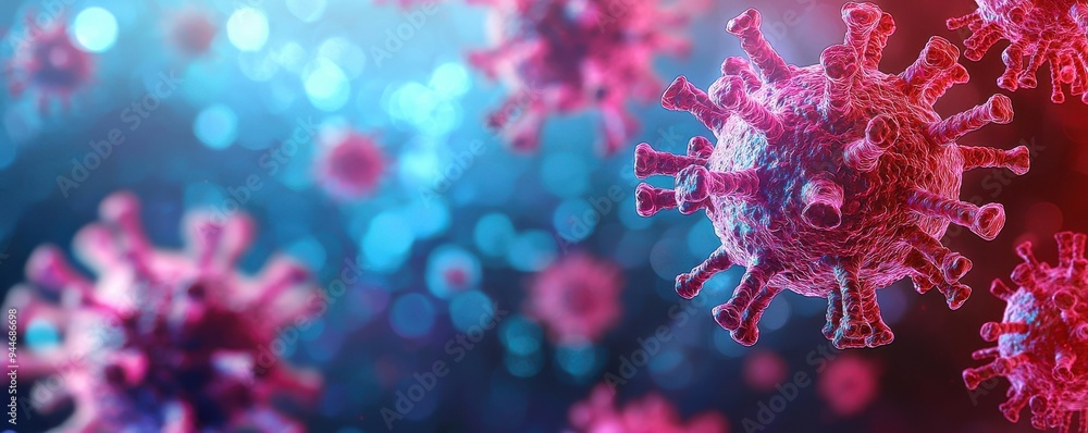 Poster vibrant close-up of a virus, showcasing intricate details and structure, representing the complexity