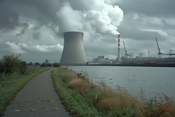 Nuclear Power Plant Operating on a Cloudy Day with Prominent Cooling Tower and Smokestacks Overlooking a Tranquil River