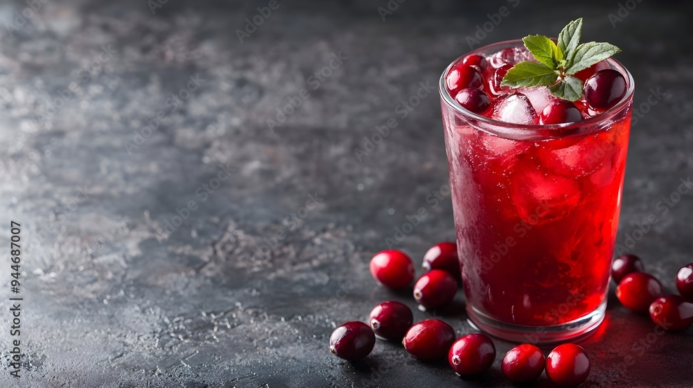 Poster iced cranberry juice served in a transparent glass with fresh whole cranberries the refreshing tart 