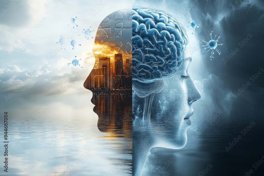 Poster surreal digital rendering of a human profile with a brain overlaid by ocean waves symbolizing the fl