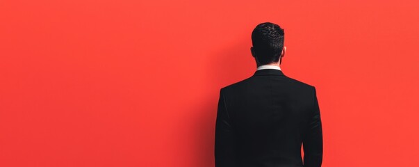 A businessman stands confidently against a vibrant red wall, showcasing professionalism and modern style in a minimalist setting.