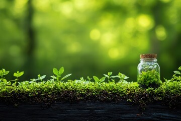 A serene scene featuring vibrant green plants and a glass jar, symbolizing nature's beauty and the essence of growth.