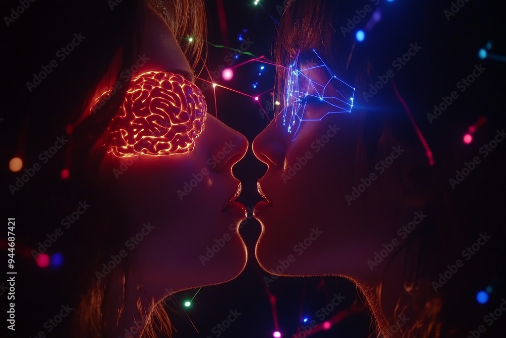 Poster abstract digital art of two human profiles with glowing neural connections symbolizing cognitive syn