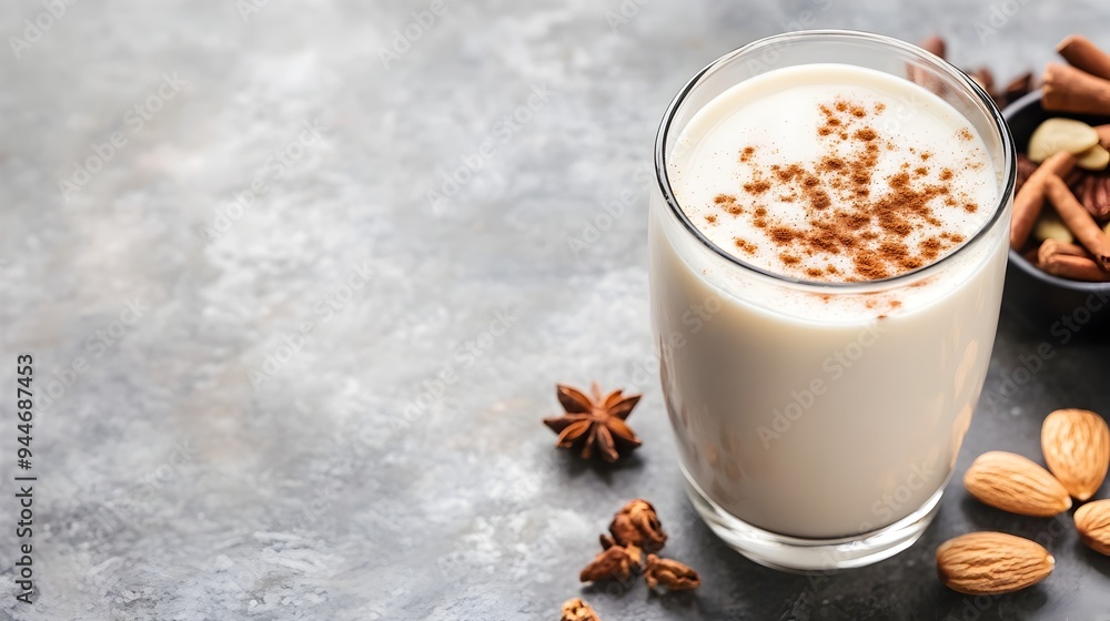 Poster elegant and inviting glass of chilled almond milk with a light sprinkle of aromatic cinnamon present