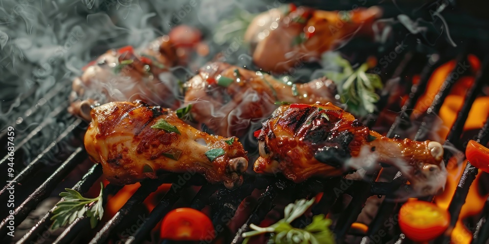 Wall mural chargrilled chicken legs with crisp vegetables on a hot bbq grill