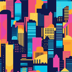 8-bit pixel style cityscape at night, seamless background, flat design