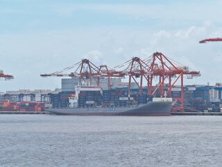 Tokyo, Japan -August 27, 2024: Container gantry cranes at Tokyo Bay, Japan