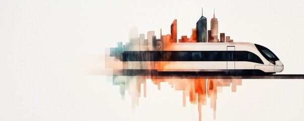 Obraz premium A sleek train speeding through a vibrant city silhouette, showcasing modernity and urban life in motion.