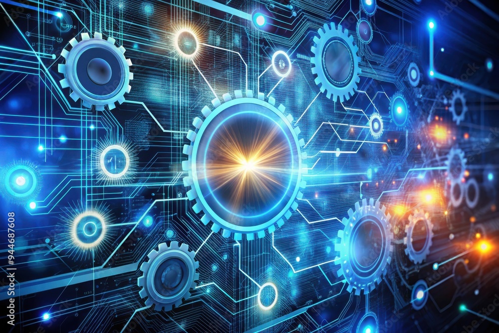Aufkleber a vibrant digital landscape showcasing interconnected gears and glowing circuits, symbolizing the fu