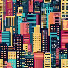 8-bit pixel style cityscape at night, seamless background, flat design