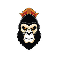 A fierce gorilla face wearing a Roman helmet with a red and orange crest.