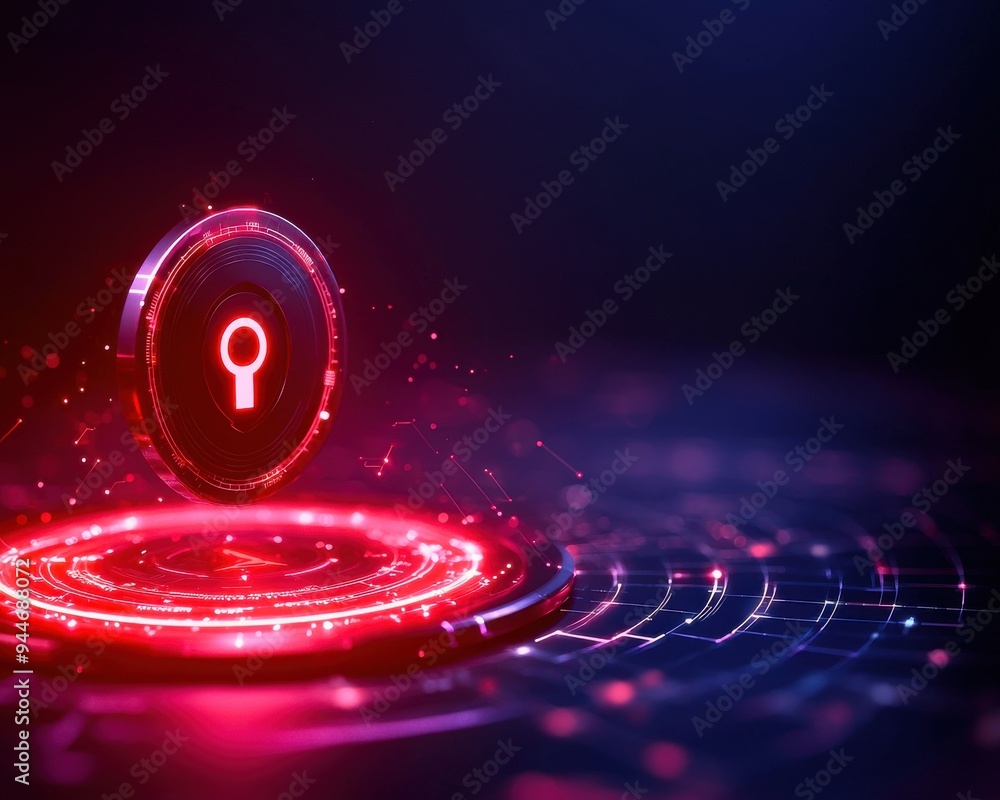 Poster futuristic lock icon in red glow, representing security and technology in a digital environment.