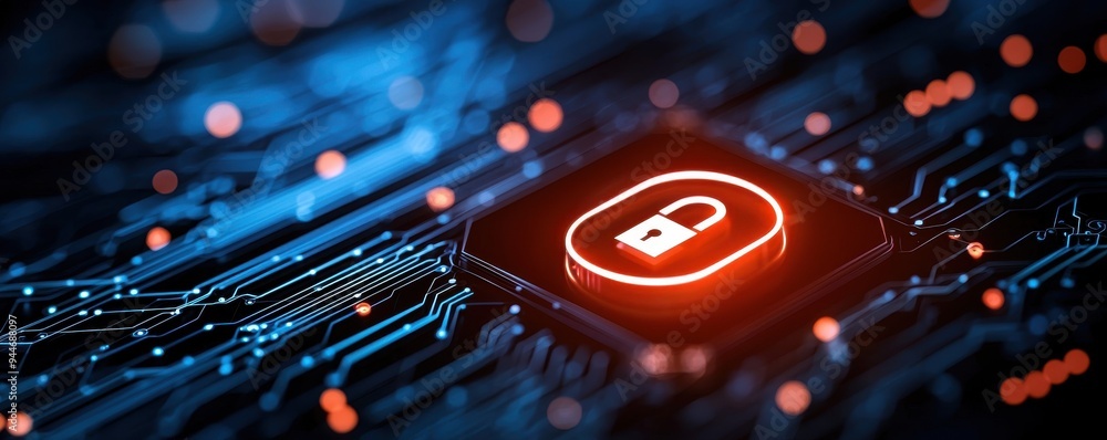 Poster high-tech digital lock icon on a circuit board background, representing security and data protection
