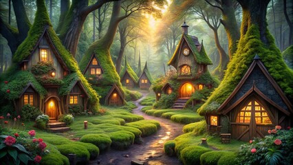 Fototapeta premium Enchanting village with cozy elf cottages nestled in a magical forest , fantasy, fairytale, whimsical, mystical, elves