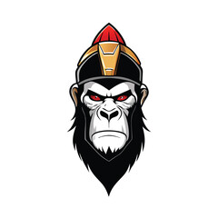 A fierce gorilla face wearing a Roman helmet, with black, gold, and red tones, suitable for a logo.