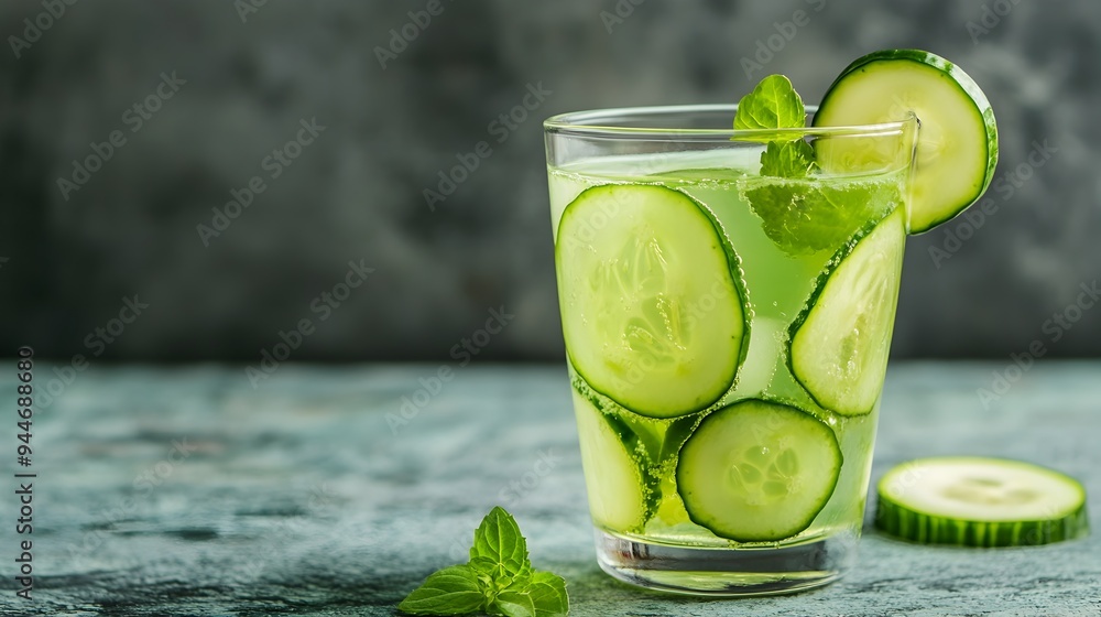 Poster a refreshing glass of cucumber lemonade with a slice of cucumber garnish showcasing a healthy and hy