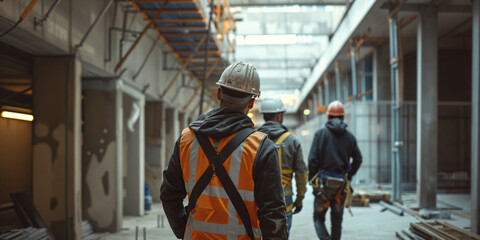 Construction workers at work in hardhats on a building site, cinematic atmospheric shot, a sense of construction and building
