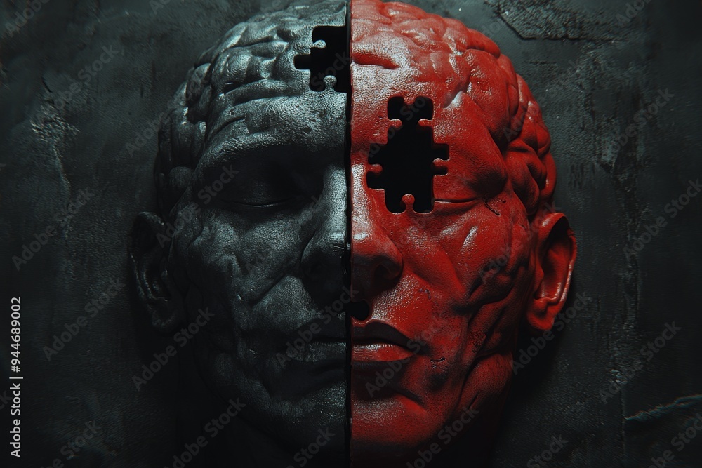 Poster conceptual digital rendering of a human profile with one half in shadow and the other half in light 