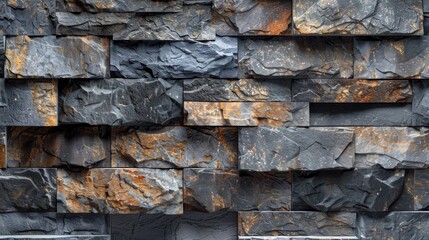 Close-up of a dark gray stone wall with orange and brown veins.