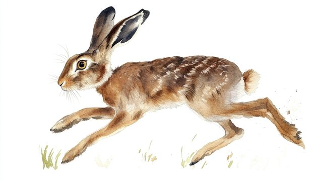Watercolor illustration of a running hare on a white background