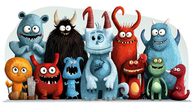 Colorful cute cartoon monsters in a group posing for the viewer, fantasy illustration of a team of happy silly furry creatures blue red orange green yellow furry horns and teeth