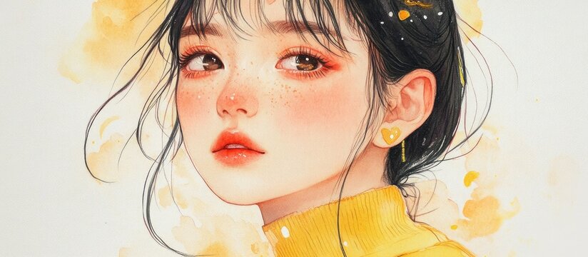 Watercolor illustration of an adorable ulzzang girl in yellow