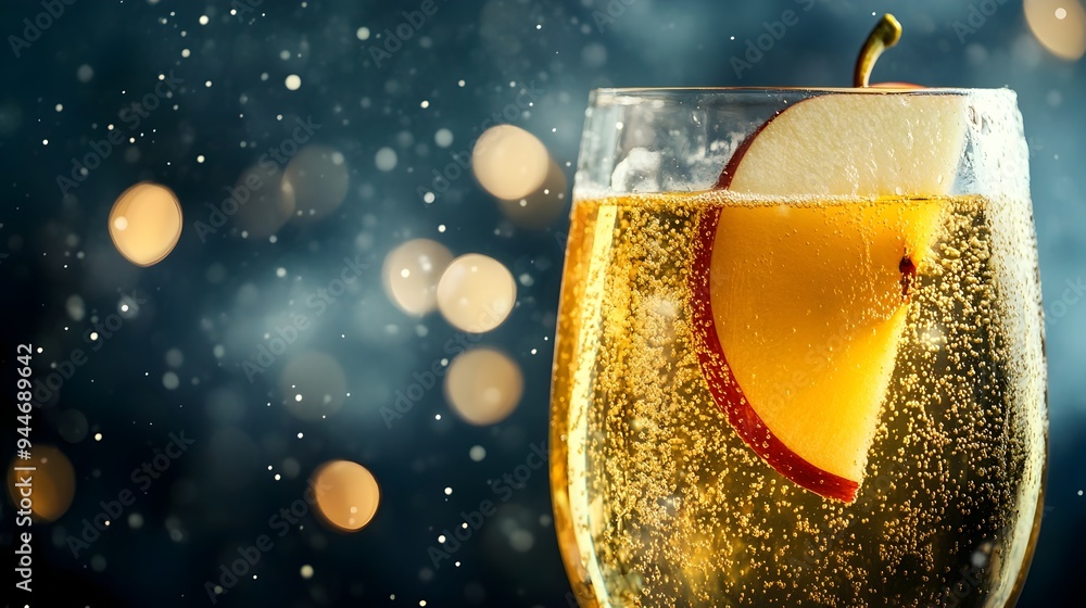 Poster a glass of refreshing sparkling cider with a slice of juicy apple set on a warm wooden surface creat