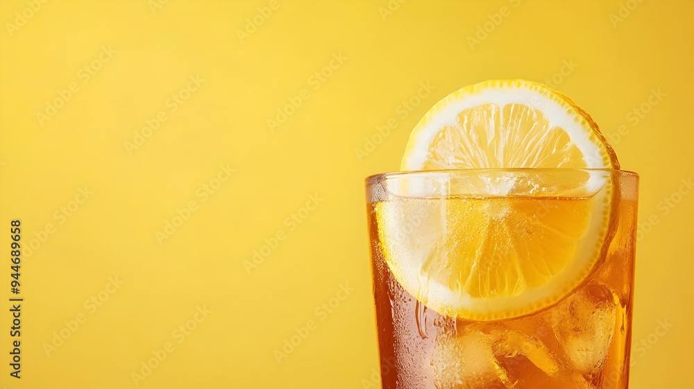 Poster refreshing glass of lemon iced tea with a fresh lemon wedge creating a simple and elegant compositio