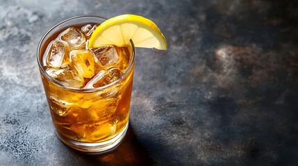 Refreshing Lemon Iced Tea with Copy Space for Text  A glass of cold clear lemon infused iced tea with a fresh lemon wedge perfect for a summer day or healthy lifestyle imagery